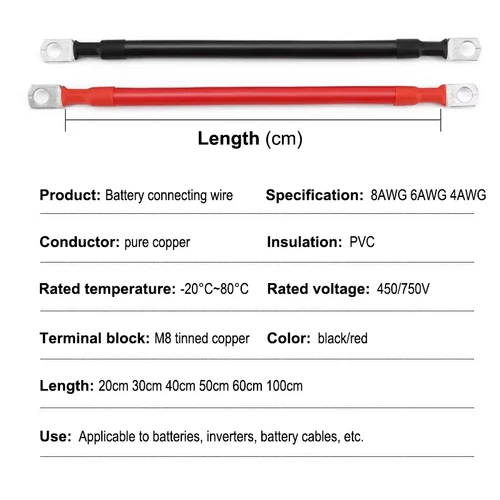 Imagen 2 del producto Juego de cables inversores de batería de cobre puro RV de 20 ~ 100CM 8 6 4AWG con terminal M8 aislado de PVC para sistema Solar Cable de conexión de coche UPS
