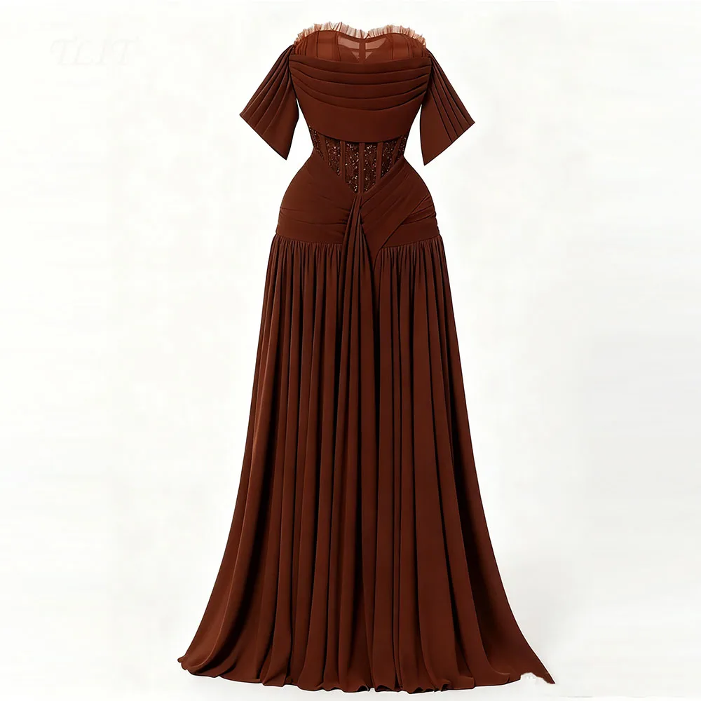 TLIT قبالة الكتف الشيفون ثوب السهرة الرسمية البني مطوي الديكور الفاخرة الديكور فساتين السهرة مخصص حزب أثواب #1