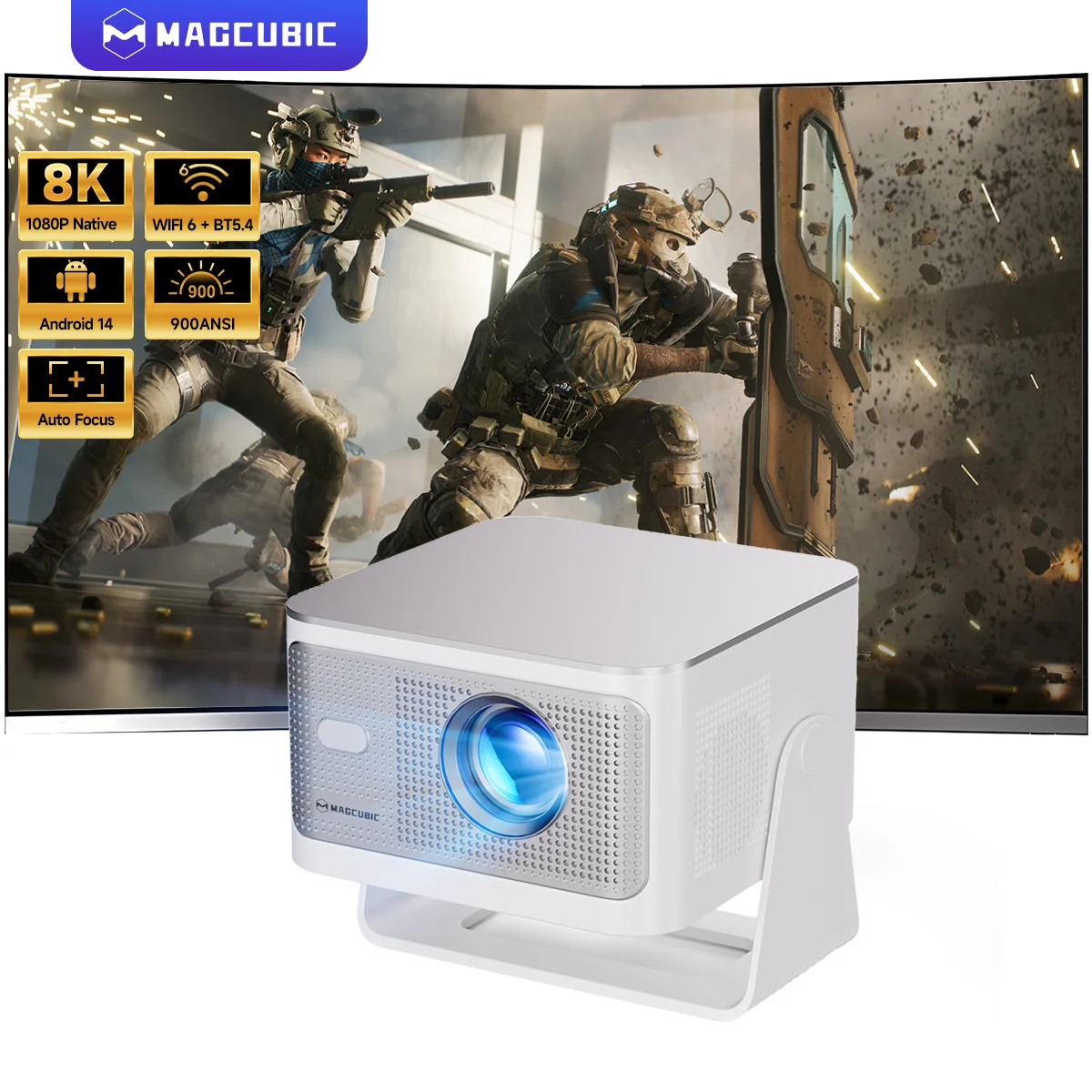 Projecteur portable Magcubic HY350Max à commande vocale, 900 ANSI Lumens, 1080P natif, mise au point automatique, Android 14 OS, prise en charge 8K, WiFi 6, BT 5.4, Home Beam