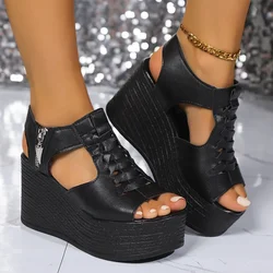 Black Platform Sandals High Heels 2024 Women's Open Toe Clog Wedge Large Size Muffin Solid Color Fashion Simple Basic Style