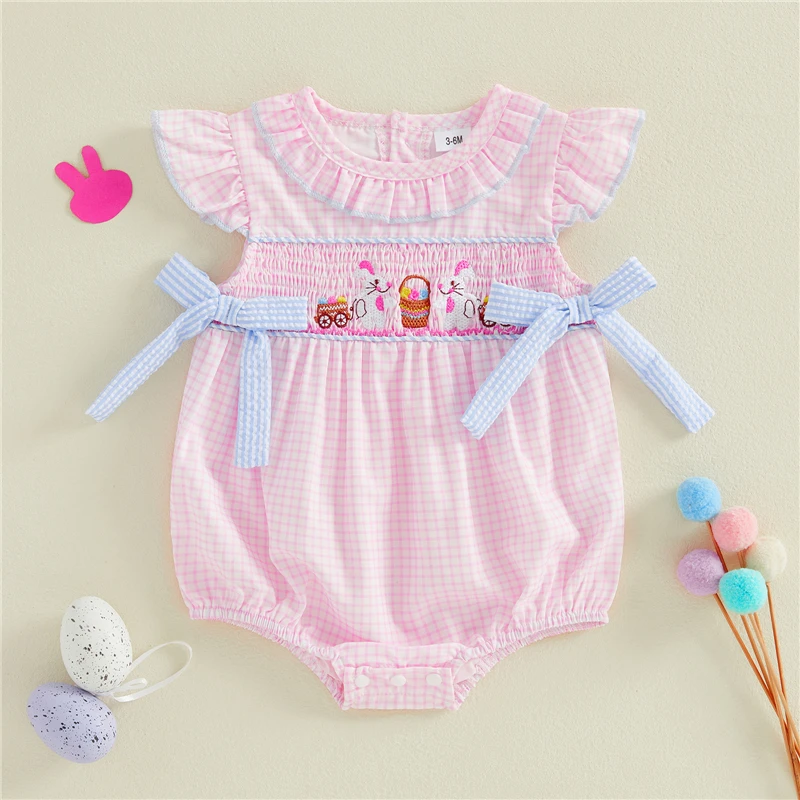 Infant Baby Girl Easter Striped/Plaid Romper Short Sleeve Round Neck Bunny Embroidery Jumpsuit Infant Newborn Toddler Clothes