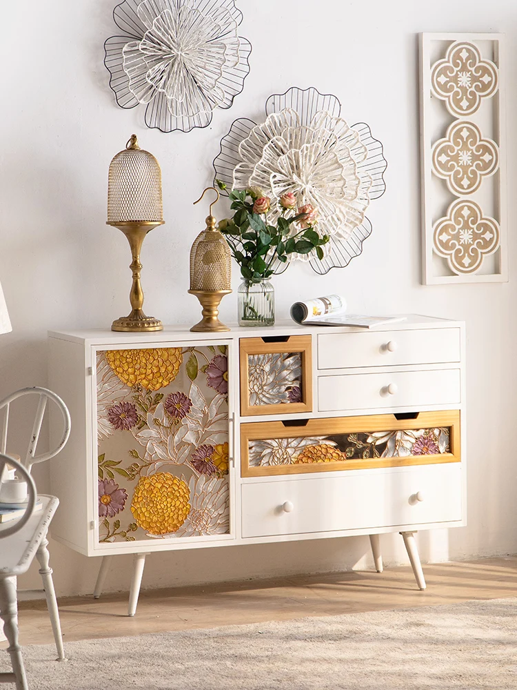 French retro entrance cabinet against the wall storage cabinet living room enamel glass light luxury white wrought