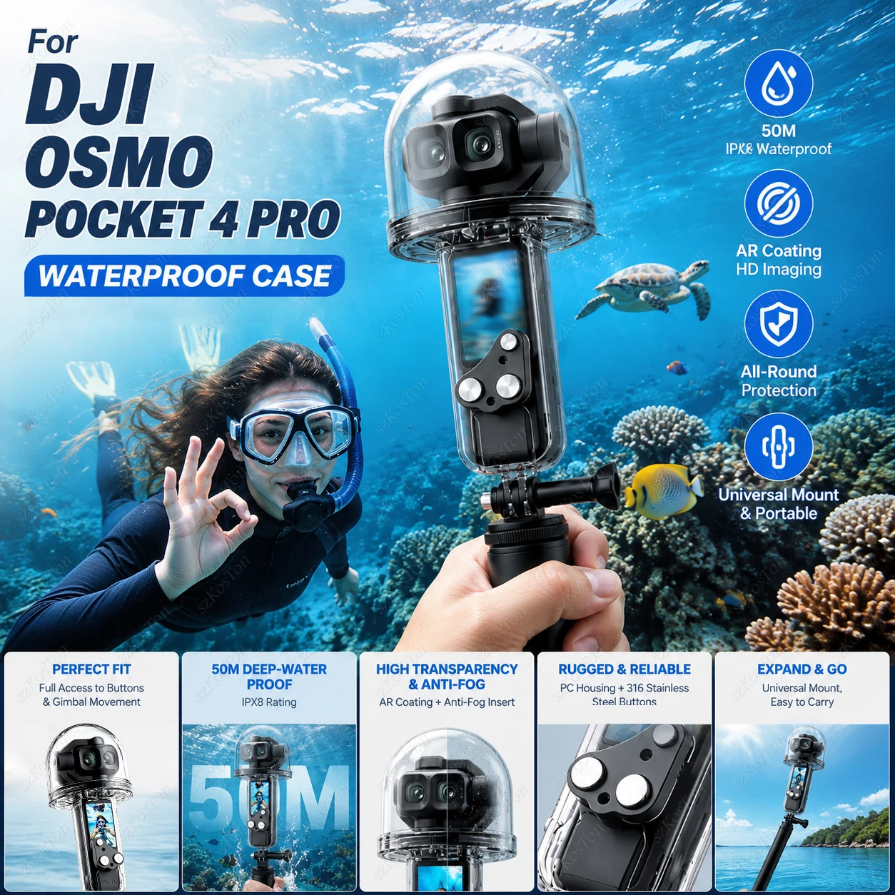 Für DJI OSMO Pocket 4P Wasserdichtes Gehäuse 50M Tauchgehäuse Schutzhülle für Pocket 4P Gimbal-Kamera-Zubehör