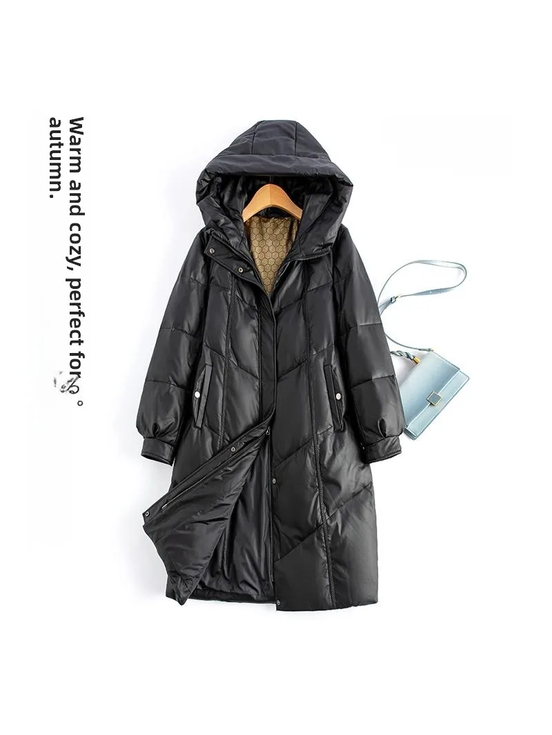 

2025 Winter New Women's Faionable Loose Long eepskin down Jaet Thiened Long Sve Zipper Closure Mid-Length Coat