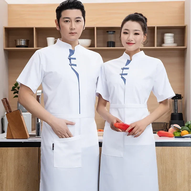 معاطف الشيف بأكمام قصيرة لخدمة الطعام للرجال في المطاعم والمطبخ، زي العمل، ملابس الطبخ، ياقة واقفة، قمصان عمل السوشي