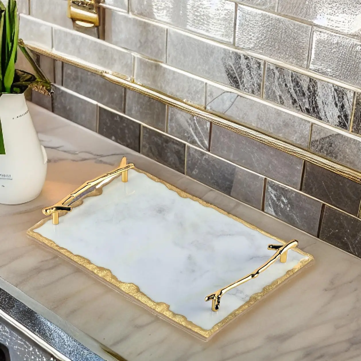 

Natural Marble Vanity Tray with Golden Edges and Handles, Luxury Serving Tray for Kitchen Counter Dresser Nightstand Desk