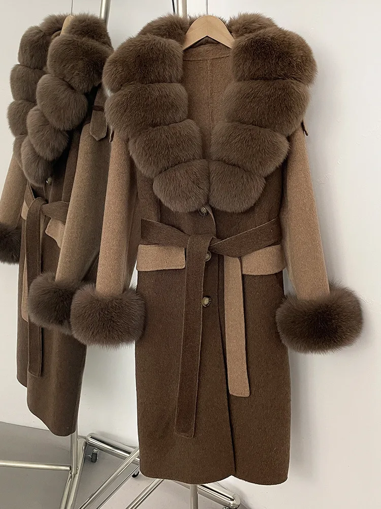 ZMEENNA Womens Elegant Two Tone Wool Blend Long Coat Faux Fur Collar และ Cuffs Tie เข็มขัดฤดูหนาว Outerwear ZM3644
