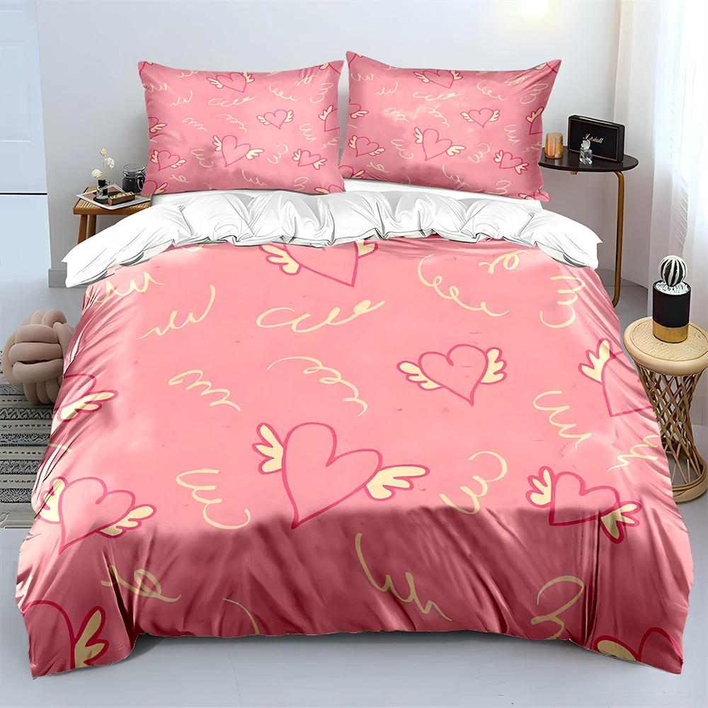 Pink background flying hearts pattern Bedding Set 1 Duvet Cover 2 Pillowcases for Adult and Children Luxury Gift Full Size