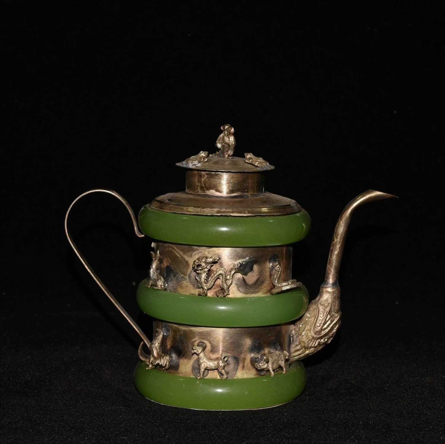 Decoration Ancient Handmade Jade Inlay silver 12 Zodiac TeaPot monkey lid Tea pot Handwork Statue Tibet Miao Antique Old Silver