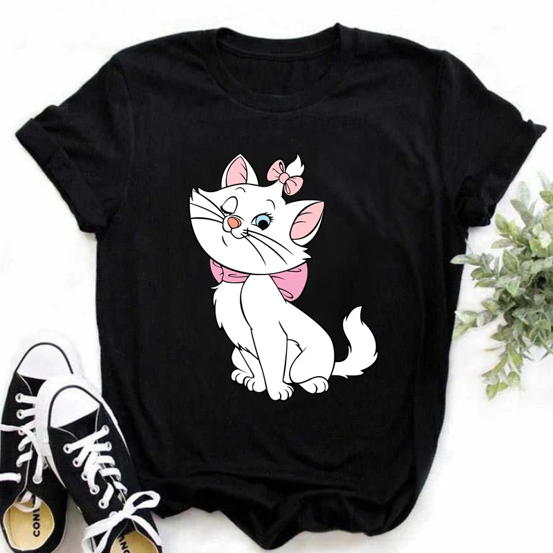 Camiseta con estampado de gato Marie para mujer, ropa de calle informal de manga corta, camisetas de Disney para mujer