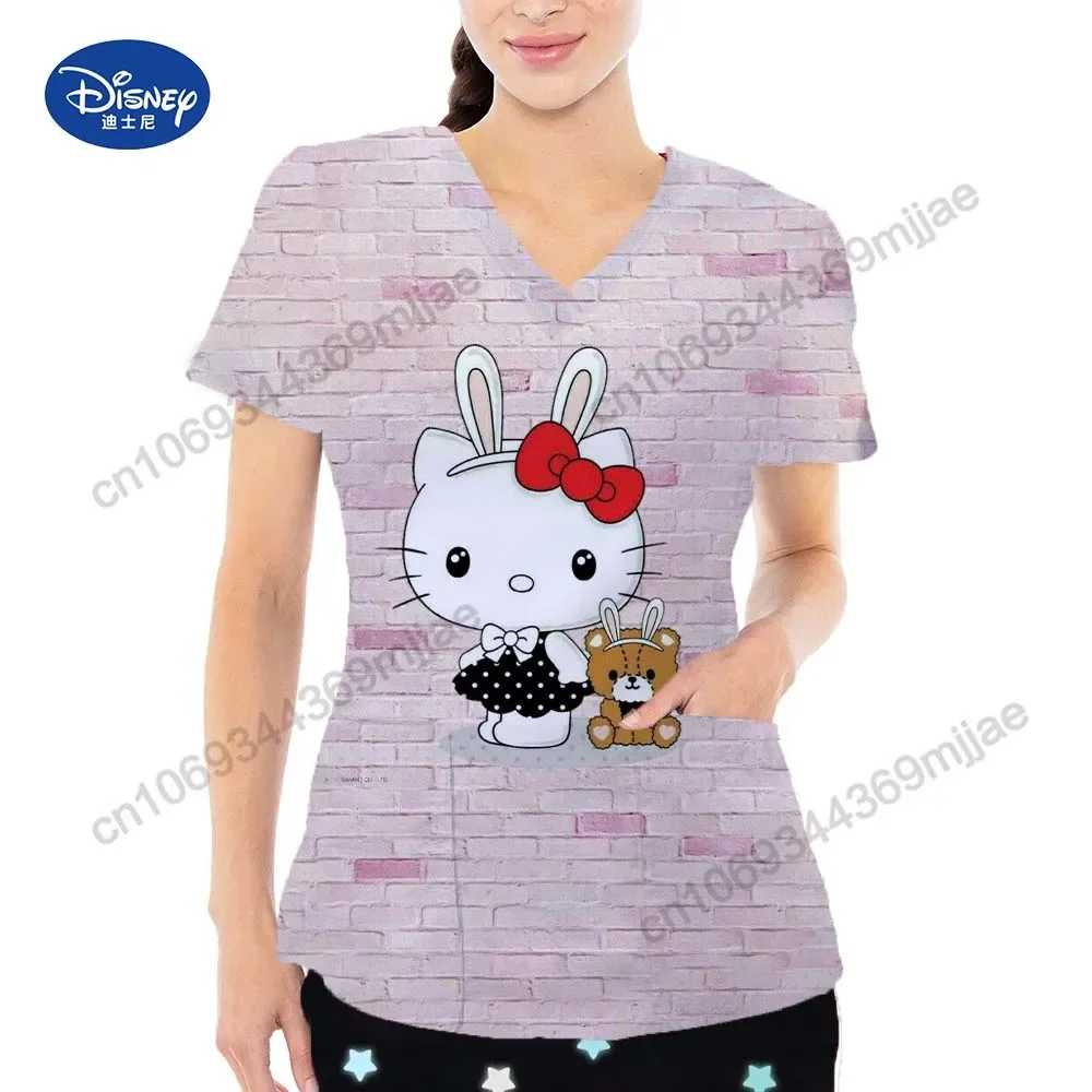 Popular Disney Cartoon Pattern V-neck Design Style of Women clothes Fashion Woman T-shirt 2024 Summer Charming Nurse Uniform