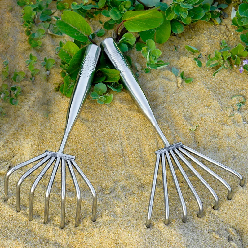 Stainless steel beach rake for digging clams, shells, razor clams, garden soil loosening tools, three toothed four toothed rake