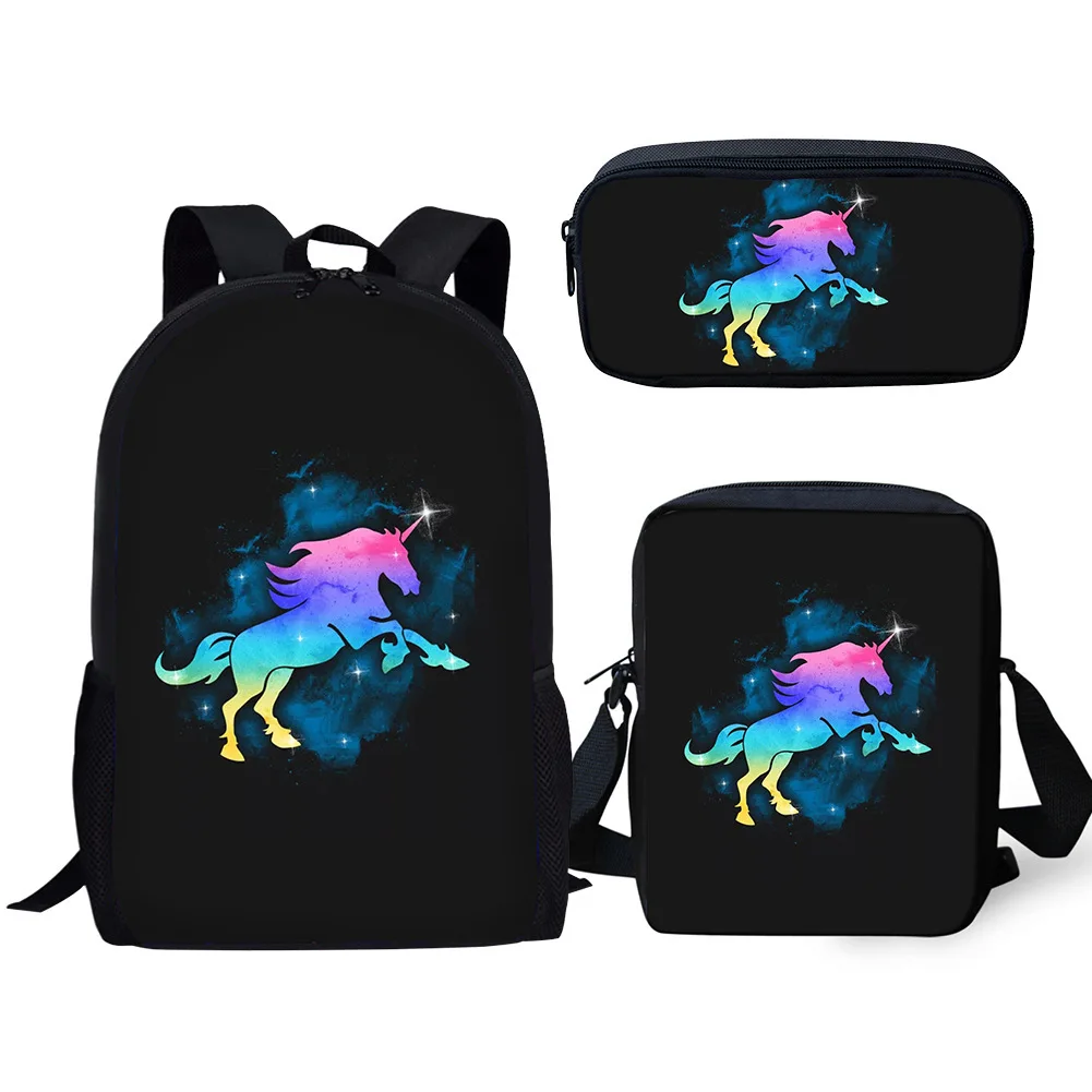 3Pcs Cartoon Cool Rainbow Unicorn Print Student School Bag Set Boys Girls Daily Casual Campus School Bag Lunch Bag Pencil Bag