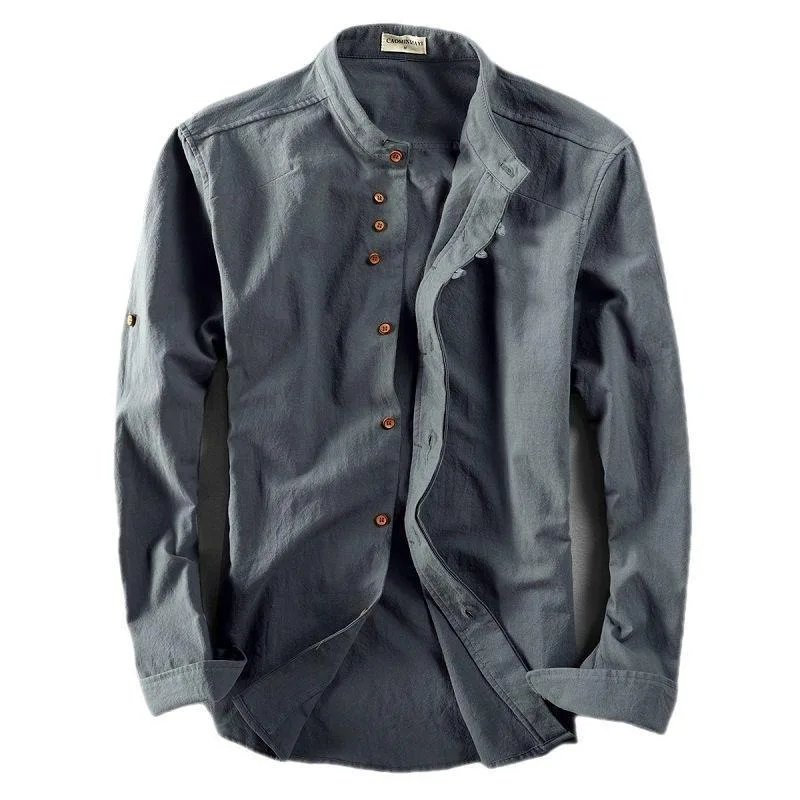 

Retro Chinese Style Mens Linen Shirt Slim Fit Stand Collar Long Sleeve Jacket Autumn Casual Vintage