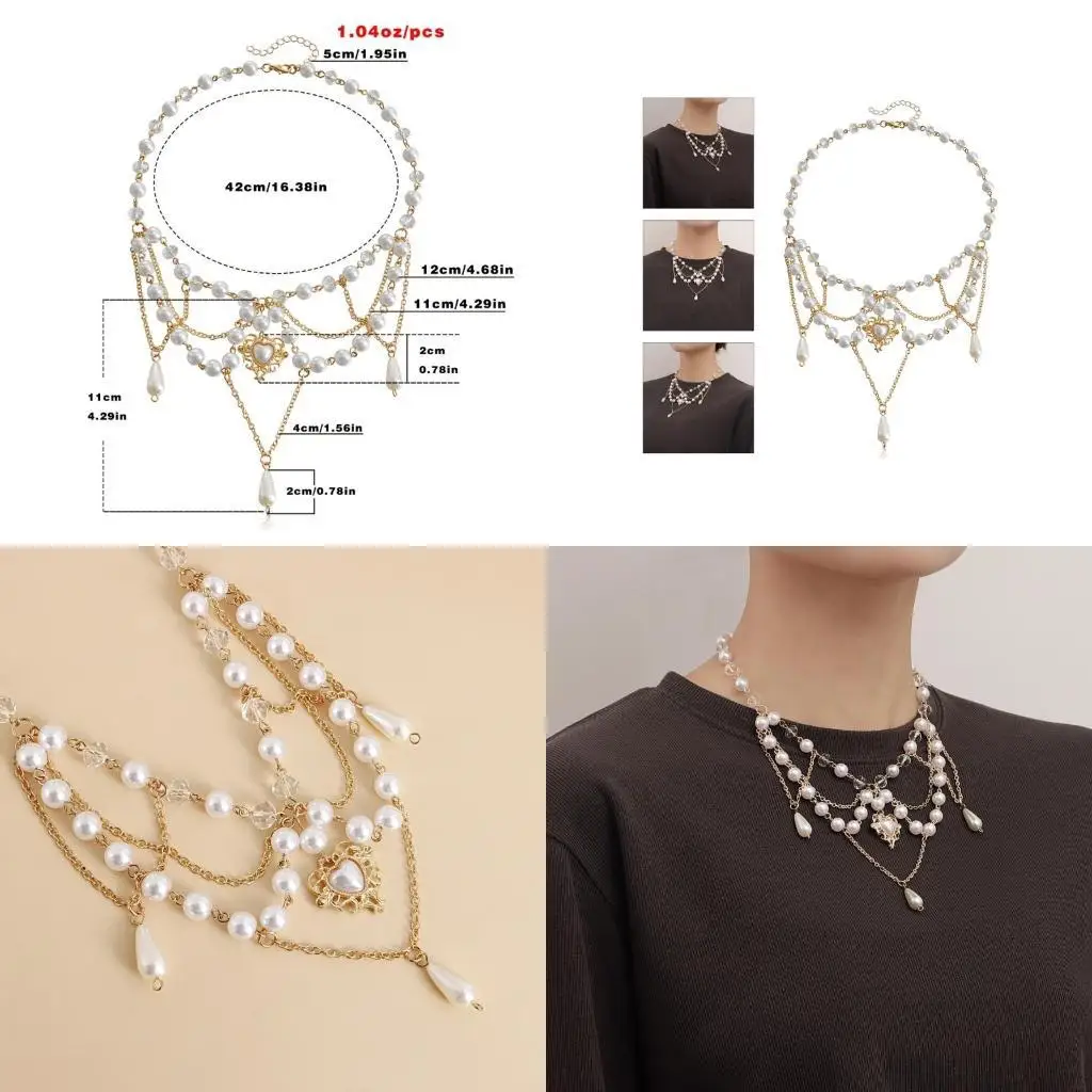 

31BB Tassel Necklace Elegant Layered Necklace Pearl Beaded Necklace Clavicle Chain
