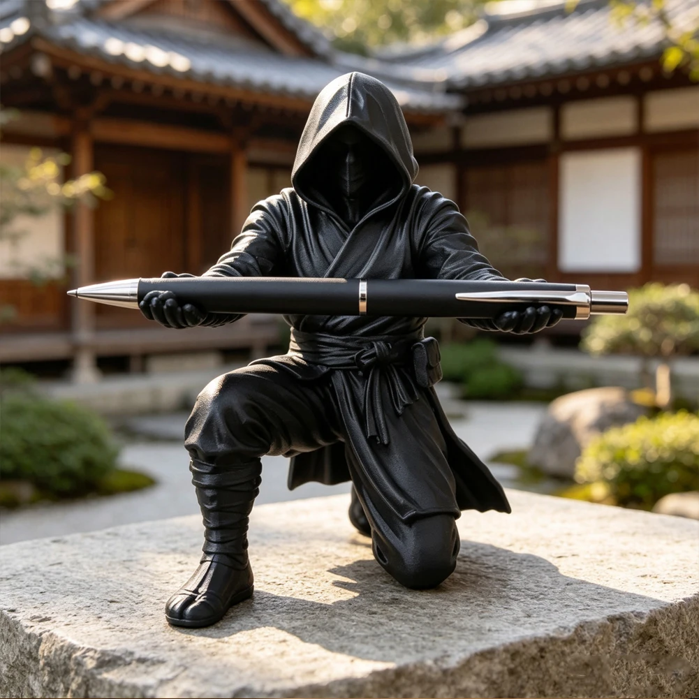 Japanese Samurai Pen Holder Ninja Pencil Rack Hooded Warrior Kneeling Robed Figure Ornament 3D Printed Office Stand Desk Decor