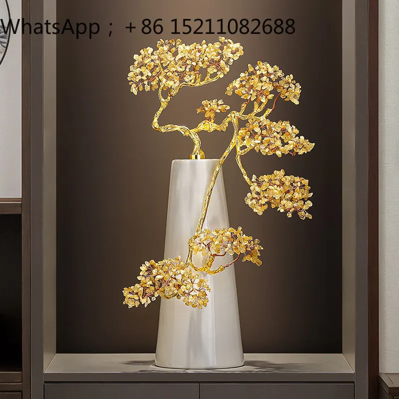 LLY New Chinese Citrine Vase Ornament Entrance Living Room Office Lucky Tree Light Luxury High-end Home Decoration