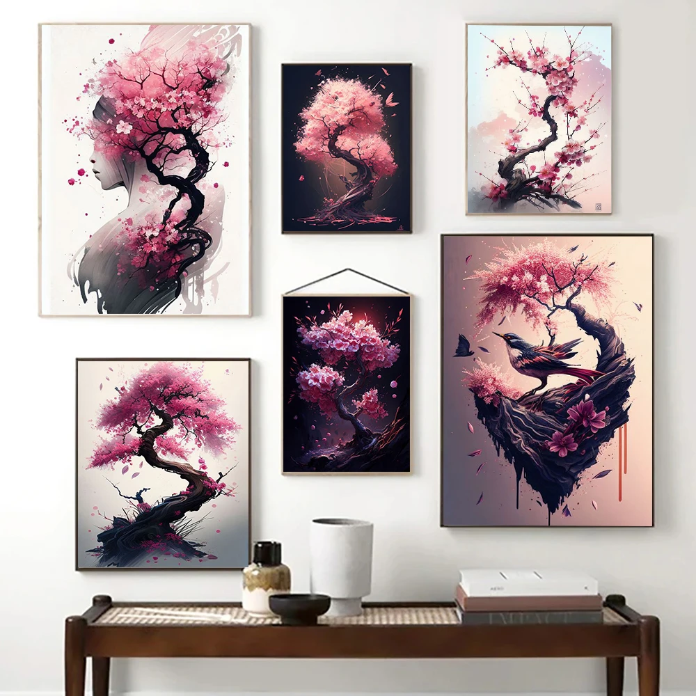 

Japanese Sakura Poster Prints For Living Room Home Decor Abstract Pink Flower Cherry Blossom Canvas Painting Wall Art Aesthetic