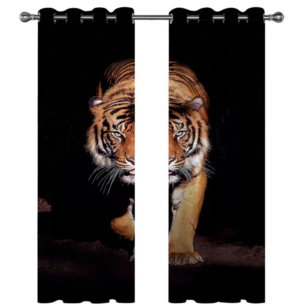 HUANZHUANG Curtains For Bedroom Eyelet Animal Tiger Night Scene Print Pattern Light Blocking Thermal Window Drapes For Kids