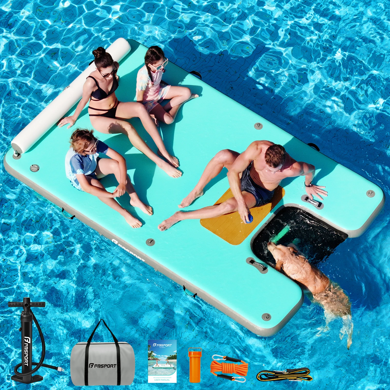 2026 Blow up Inflatable Floating Dock Mat Giant Raft with Ladder Dog Water Ramp for Multi-Person Water Party and Relax