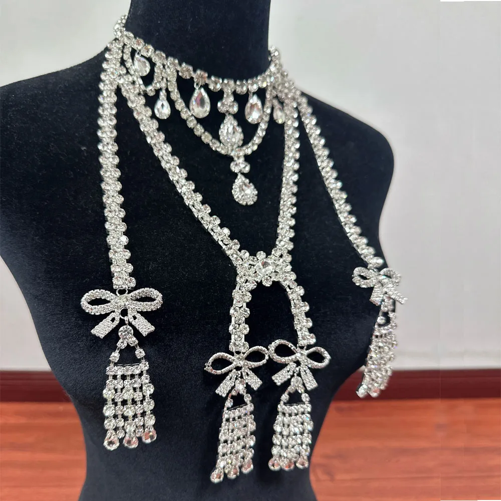 CUIER Exquisite Bowknot Fringle Tassel Rhinestone Necklace for Women Huge Size Body Chain Jewelry for Fashion show Accesories