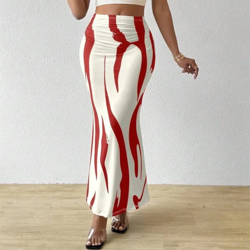 Długie spódnice dla kobiet Eleganckie, codzienne graficzne nadruki zebry Plisowane spódnice Wiosna Nowa moda Elastyczna wysoka talia Geometria Streetwear