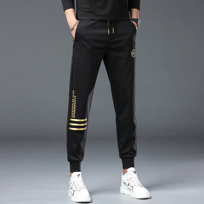 2024 fall and winter thick casual sports fashion black Slim hot gold printing flowers drawstring tie tide men's sweatpants