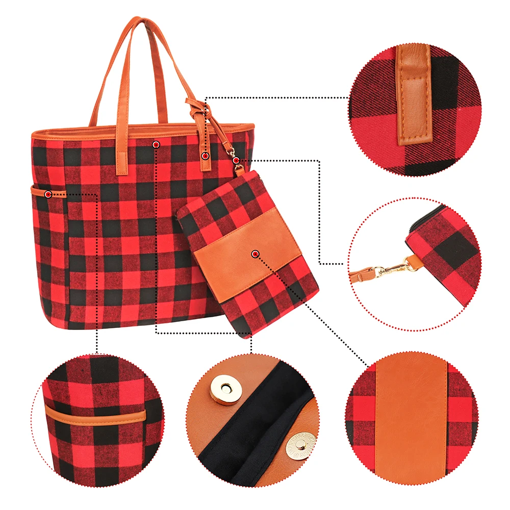 Women Buffalo Plaid Check Tote Set With Matching Wristlet Clutch Canvas Leather PU Top Handle Handbag Makeup Cosmetic Bag