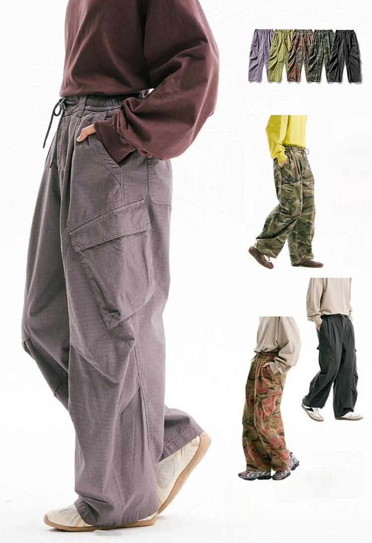 

Retro Revival Loose Tapered Camo Cargo Pants with Oversized Pockets 100% Cotton, Sweat-wicking Men's Work Pants