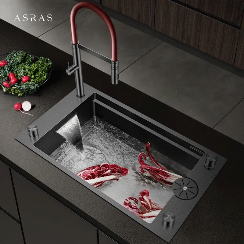 ASRAS Large Size Nanometer Cup washer Kitchen Sink 4mm Thickness Handmade Side Sinks With Embedded Waterfall Faucet Island Sinks