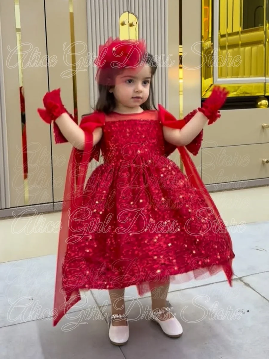 Customized Red Flower Girl Dress for Wedding with Bows Shining Sequins Knee Length Girl Birthday Gowns First Communion Gowns