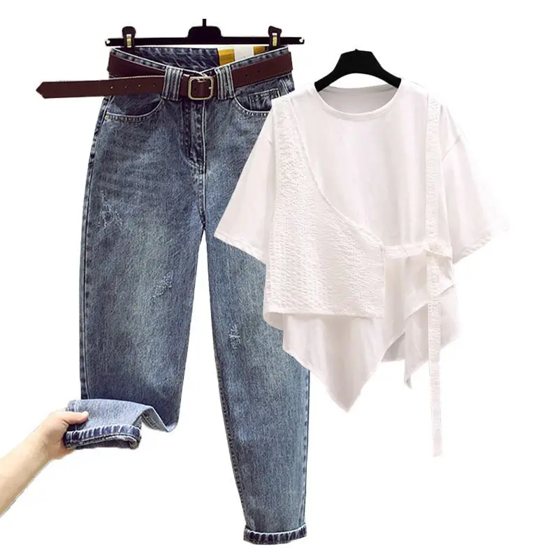

Foreign Suit Women's Irregular Fake Two-piece Short-sleeved T-shirt + Age-reduced High-waisted Denim Harlan Pants Two-piece Set