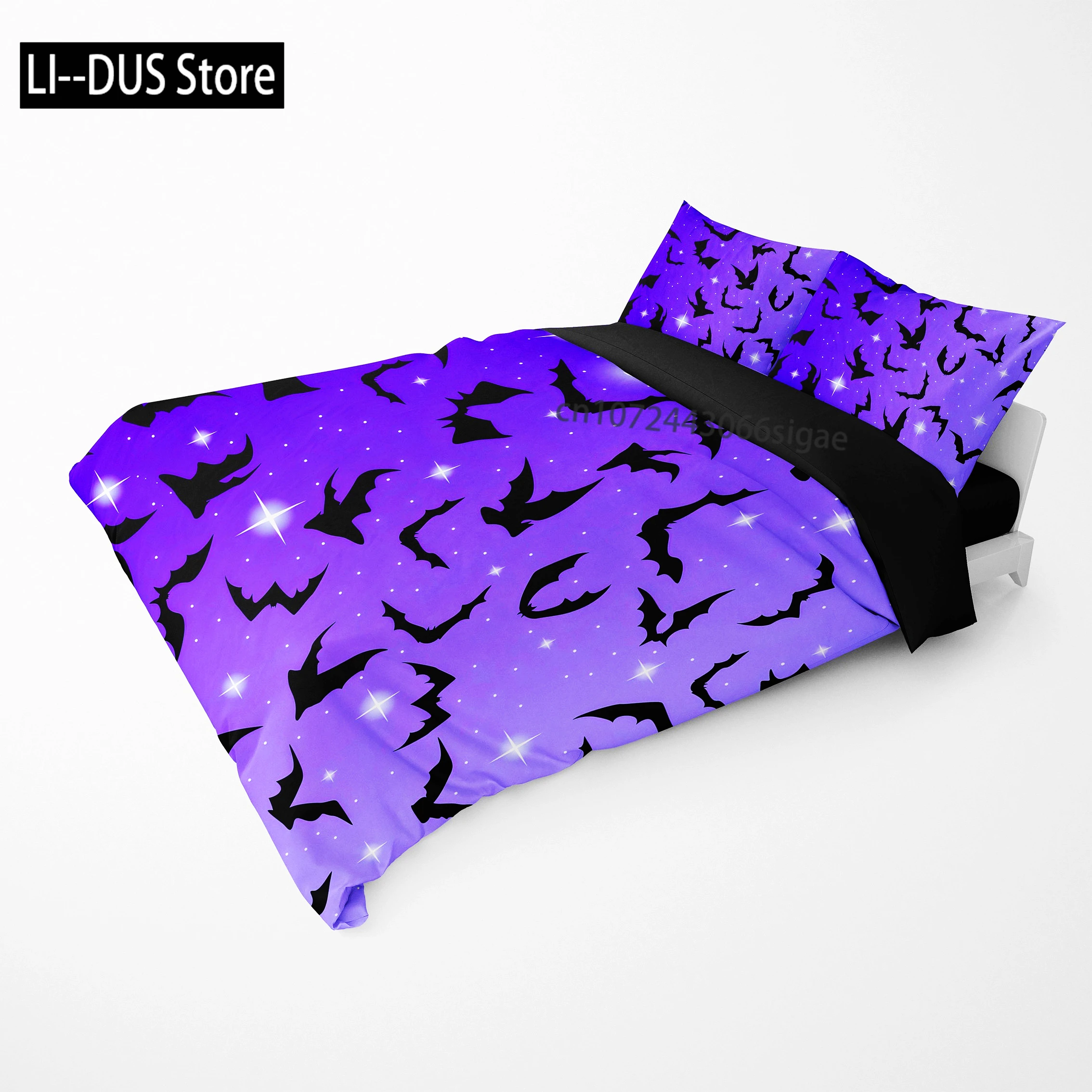 Purple Printed Duvet Cover Set, 3pcs Flying Bats Black White Bedding Sets For Bedroom Dorm Room, Halloween Theme Bedding