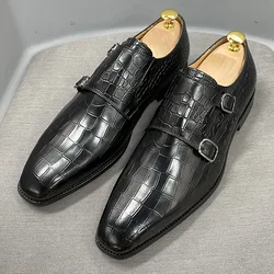 Big Size 12 Mens Monk Strap Dress Shoes Genuine Leather Luxury Crocodile Print Double Buckles Pointed Toe Wedding Shoes for Men