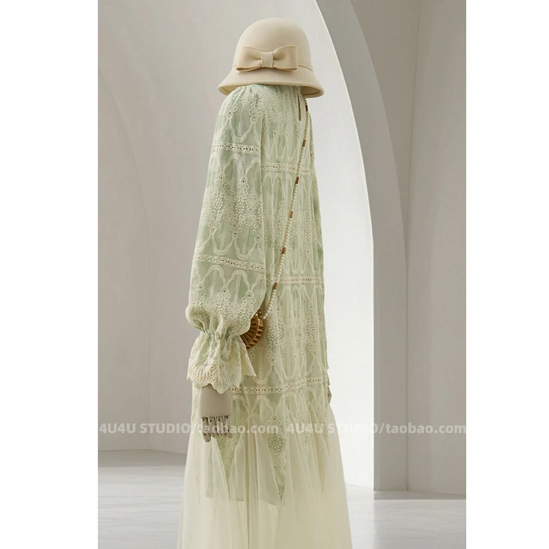 2026 New Arrival Spring Autumn Women Dress Casual Loose Wrist Lace Patchwork Design Mid-calf Lantern Sleeve O-neck Dresses T214