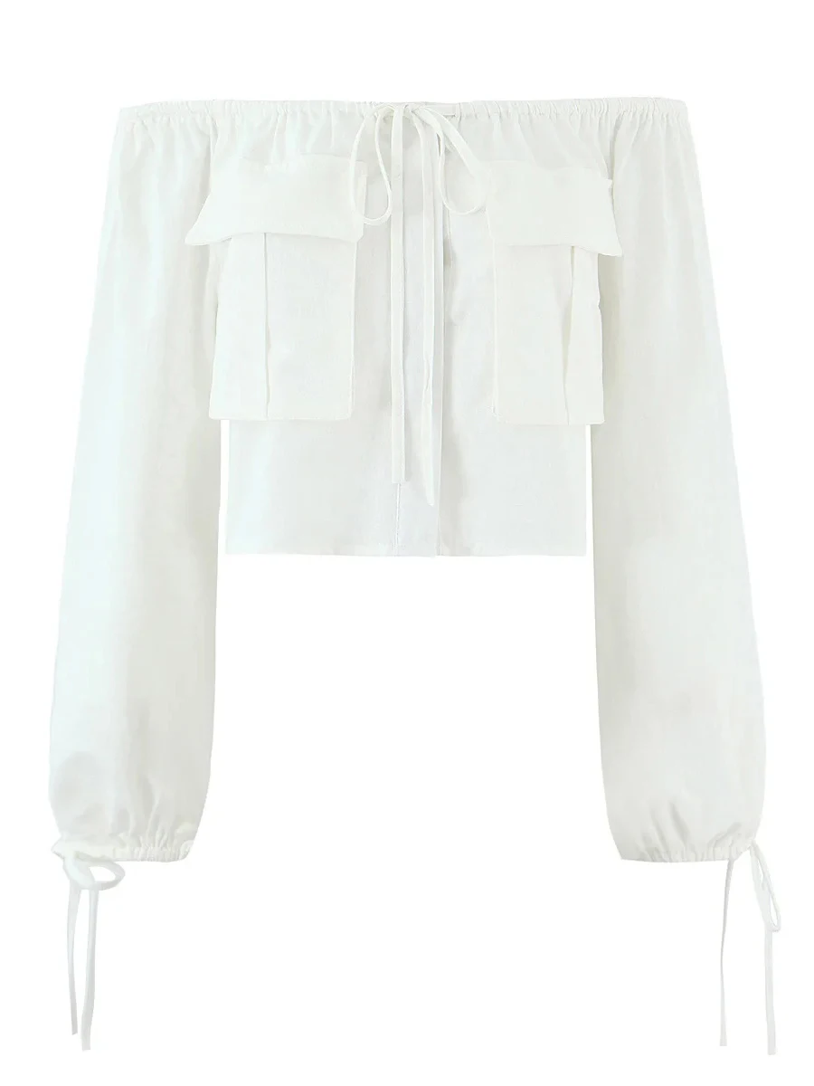 투윈스타일 미니멀리스트 여성용 투피스 세트 오프숄더 긴팔 셔츠 로우 웨이스트 섹시 미니스커트 화이트 슈트 여성용