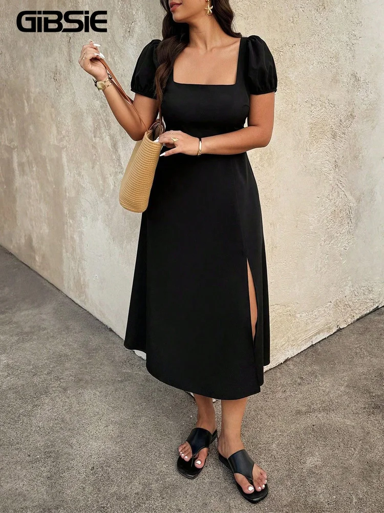 

GIBSIE Plus Size Square Neck Puff Sleeve Slit Long Dress Women Summer Back Bow Backless Vacation Casual Female A-Line Dresses