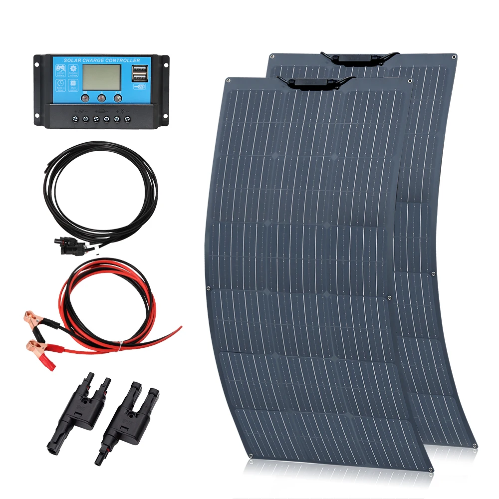 Flexible Solar Panel 200W 12V /24V System kit,100W Monocrystalline Module,20A Charge Controller,Extension Cable, Charge