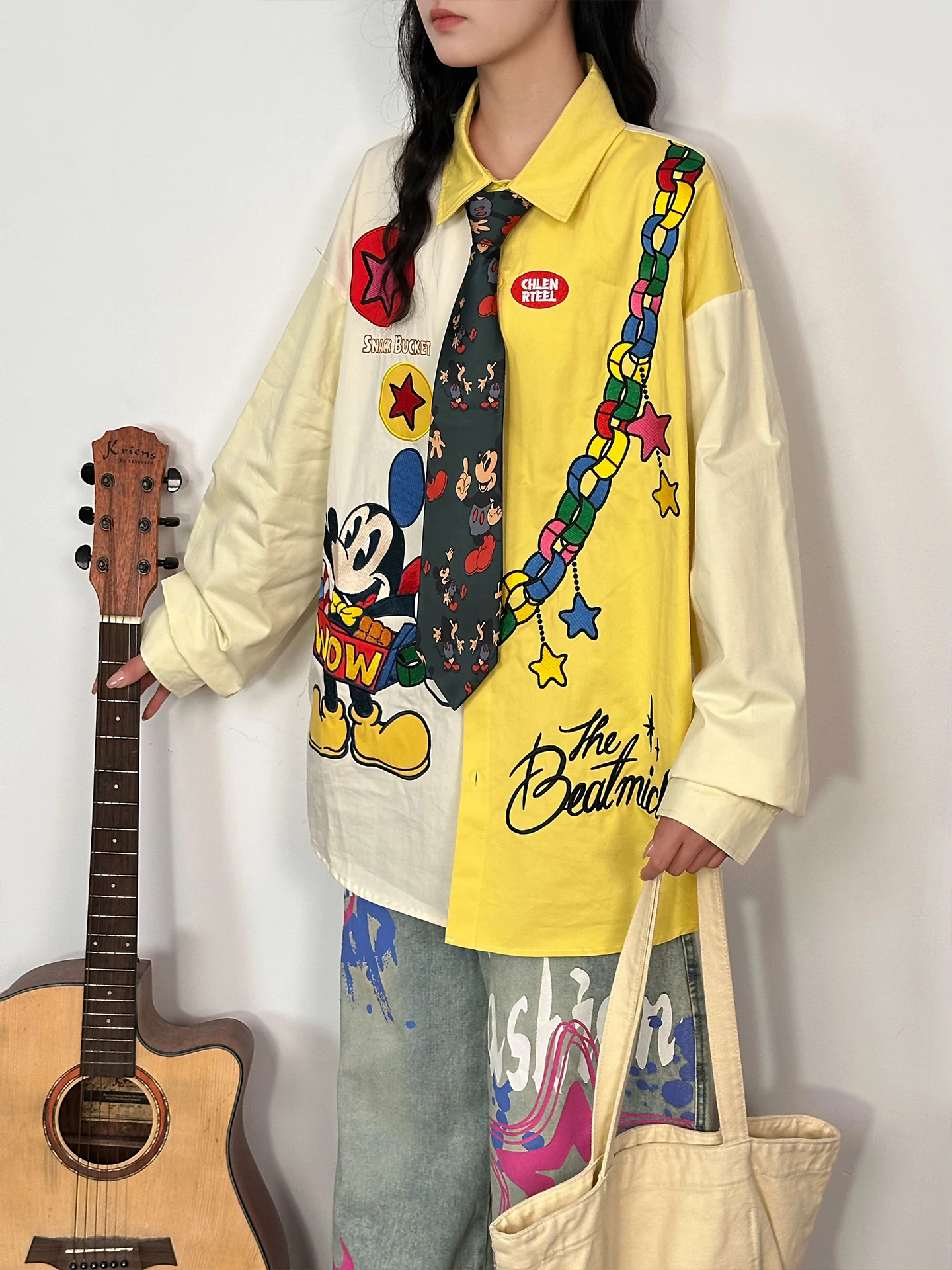 American Retro Long Sleeve Casual Shirt Women Embroidery Color Block Design Loose Casual Trendy Versatile Unisex Couple Shirt