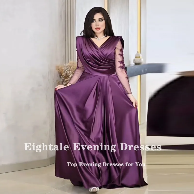 Eightale Arabic Evening Dress V-Neck Appliques Beaded Long Sleeves Purple Customzied Mermaid Prom Party Gowns robe de soirée