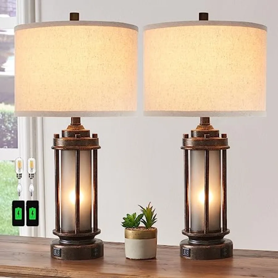

Set of 2 Farmhouse Lamps for Living Room, Rustic Vintage Bedroom Nightstand Table Lamp with 2 USB Charging Ports, Built-In Fros