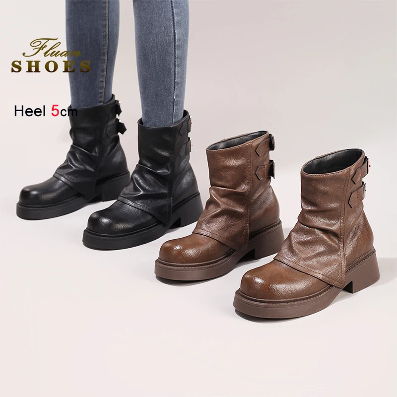 

5CM High Heel Round Toe Women Autumn Leather Short Boots Black British Style Slip-on Female Shoes Fashionable Stackable Boots