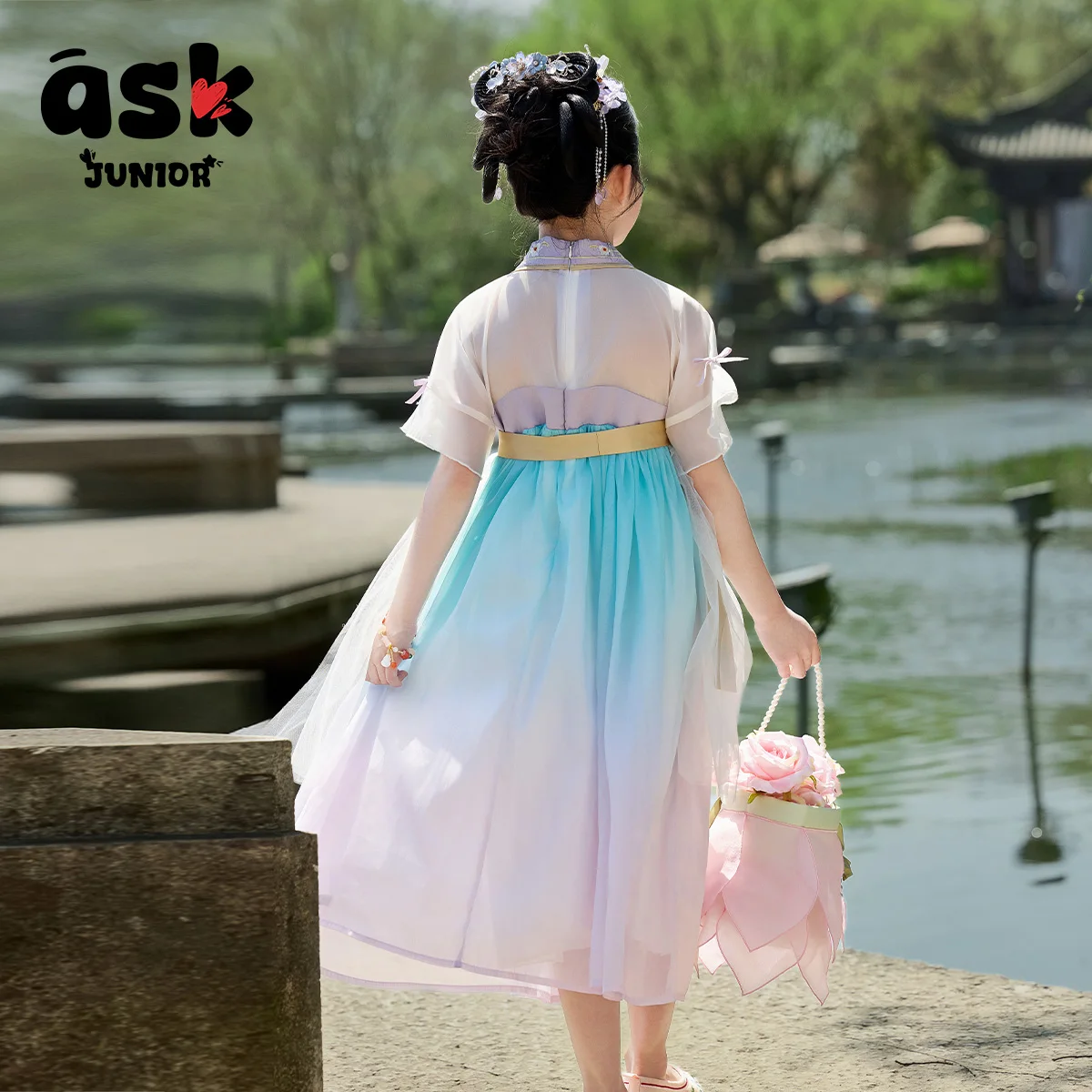 اسأل جونيور النمط الوطني الجديد الصيني هانفو الفتيات الصيف تانغ نمط الطراز القديم سوبر الخالد الأميرة فستان بطول الصدر