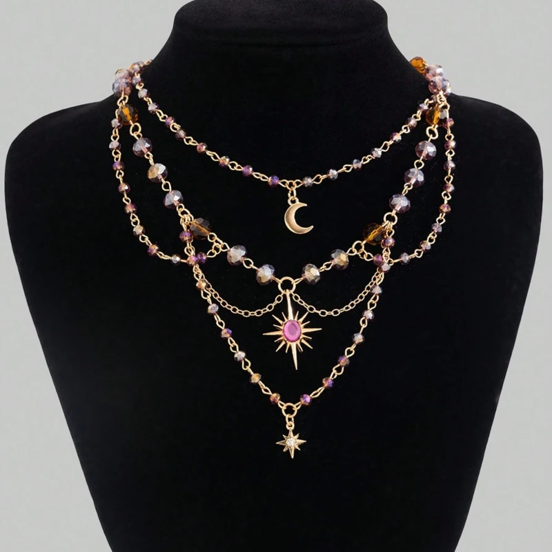 قلادة على شكل قمر من الخرز بسلسلة عتيقة وعصرية مع طبقات متعددة من القلادة، إكسسوارات حفلات الأعياد المخصصة للسيدات Y2k