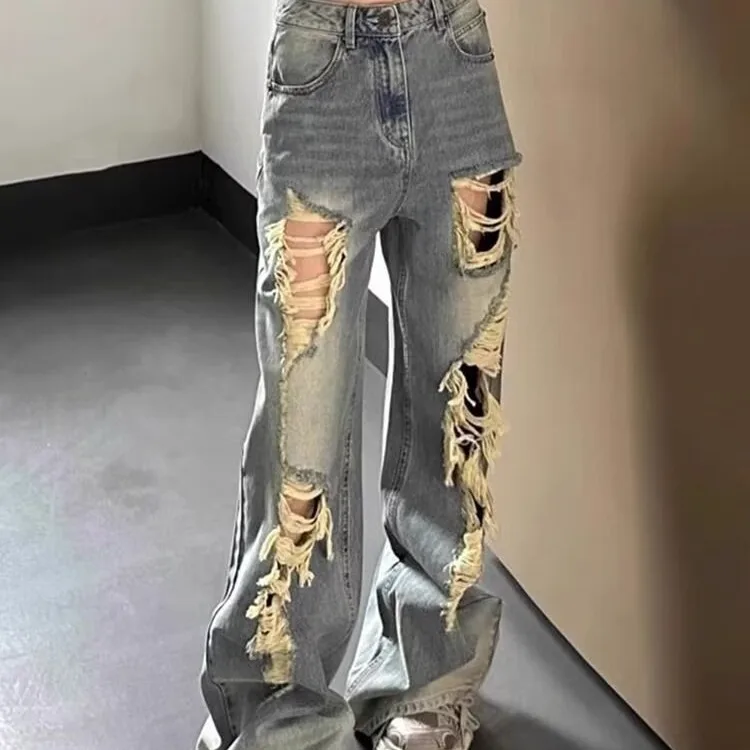 

New 2025 High Waist Wide Leg Straight Cut Ripped Denim Jeans Women's Loose Slimming Vintage American Washed Spring Summer