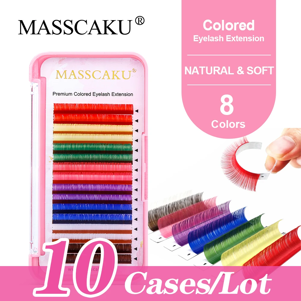 MASSCAKU Rainbow 10Cases/lot Russian Volume Classic Faux Mink Eyelashes 0.07mm C/D Curl Natural Colorful False Lashes Extension