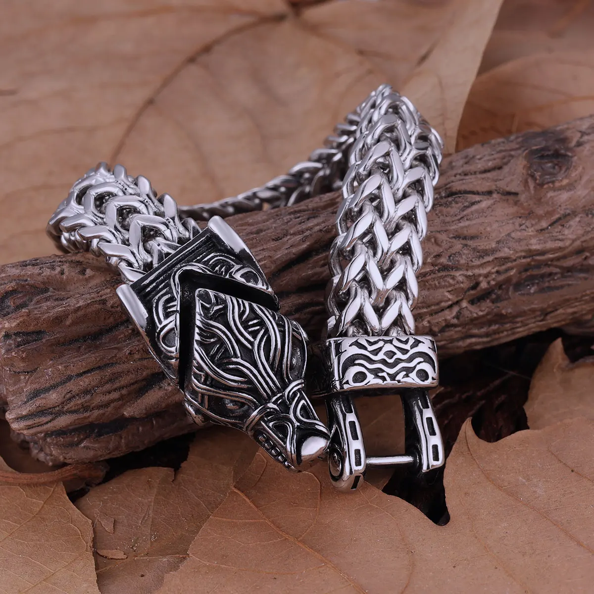 Vintage Vikings Stainless Steel Wolf Snake Head Bracelet Masculine Men Party Creative Design Double Layer Chain Wrist Band Gift