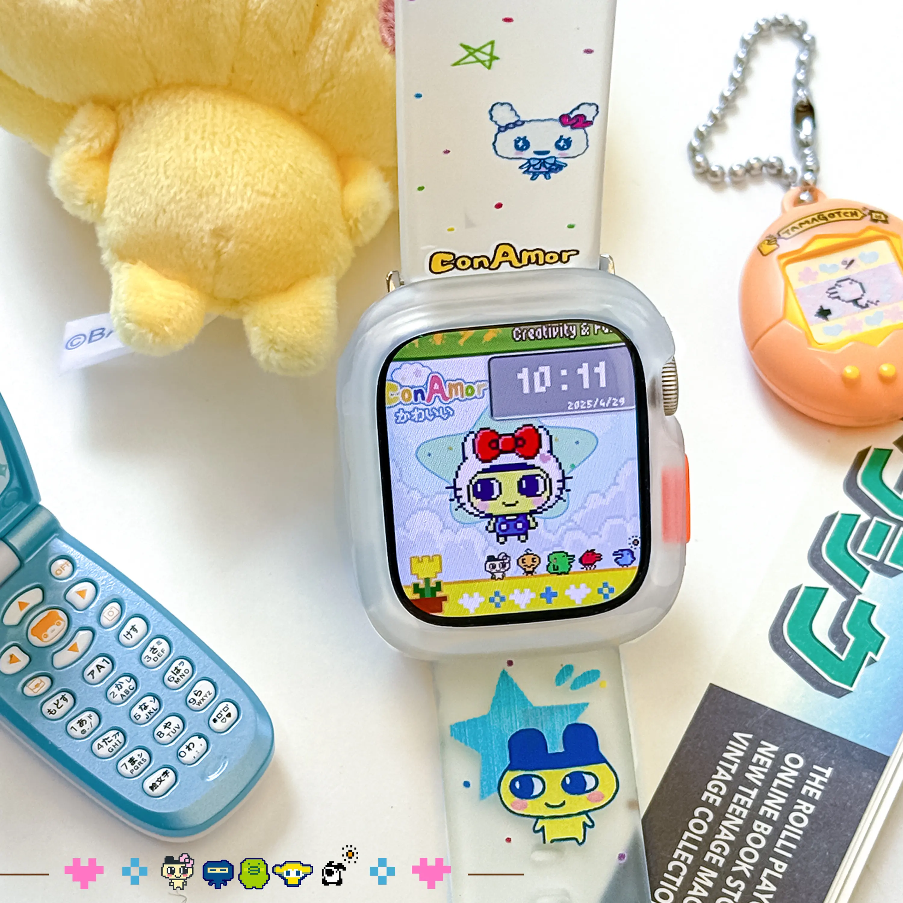 ConAmor Apple Watch Band Cute Tamagotchi Pattern Matte Glitter Clear Strap Compatible With Apple Watch Series 7 8 9 SE