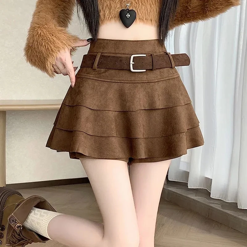 Korean Sweet Fuax Suede Skort Women Tiered High Waisted A Line Cake Skort Street Sexy Preppy Style Slim Casual Y2K Skort