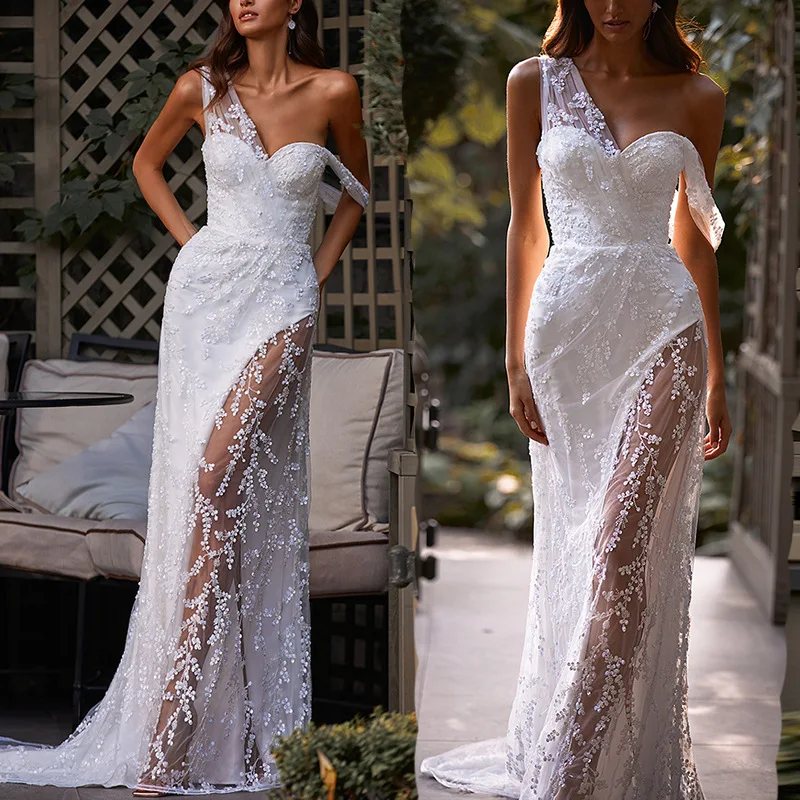 Elegant Embroidery Wedding Dresses Fashion Sweetheart Party Dress Sexy High Split Lace Illusion Backless Bridal Robe De Mariée